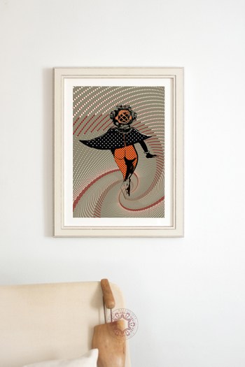 Hand-drawn diving helmet illustration print by Rasa Mateviciute 2021, rasadesign.art