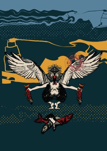 Hand-drawn fisherman with pike illustration by Rasa Mateviciute 2021, rasadesign.art