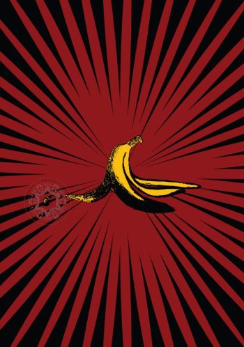 Hand-Drawn Pop Art Banana Illustration Print: ”Slipped”, 2021 by Rasa Mateviciute, rasadesign.art