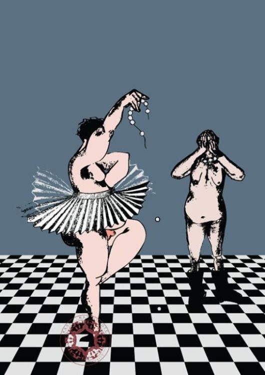 A male dancer poised on a checkered floor, embodying both grace and the weight of shattered dreams, illustrated by a broken pearl necklace. In the background, a maternal figure stands, her hands obscuring her eyes as a symbol of parental disappointment, evoking a deep emotional contrast between the dancer's aspirations and the sorrow of unmet expectations, enriching the narrative of struggle between personal ambition and familial ties.