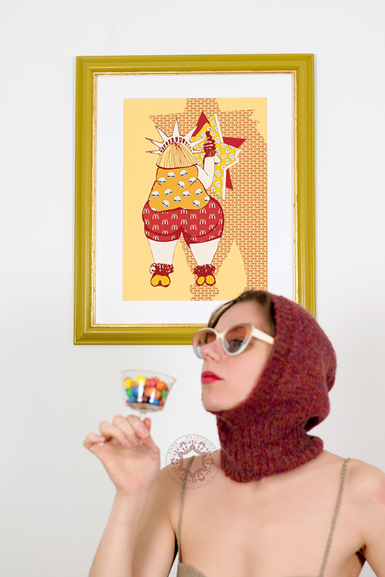 A woman in a hat and sunglasses enjoys an M&M's, surrounded by fast food illustrations and a playful take on obesity.