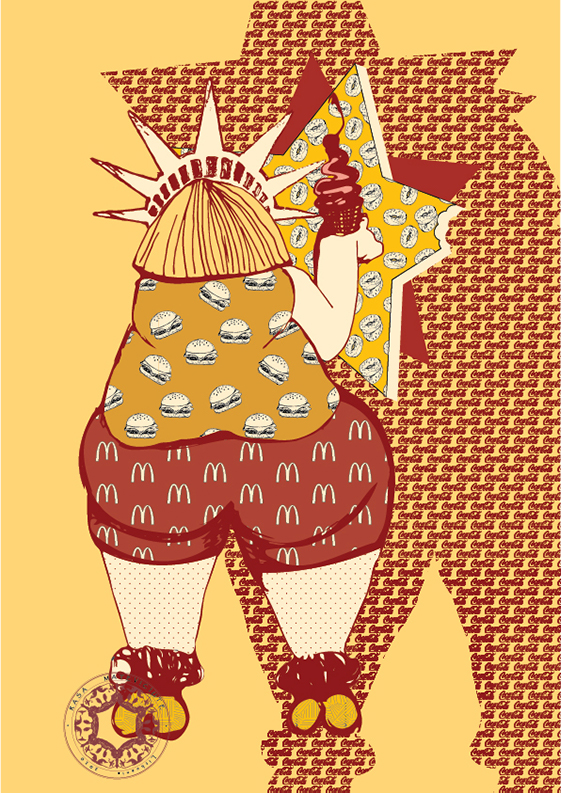 A playful cartoon character grips an ice-cream, hand-drawn fast food like burgers and donuts, addressing America's obesity challenge.