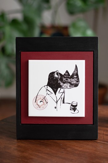 Hand-drawn rhino-man illustration print by Rasa Mateviciute 2023, rasadesign.art