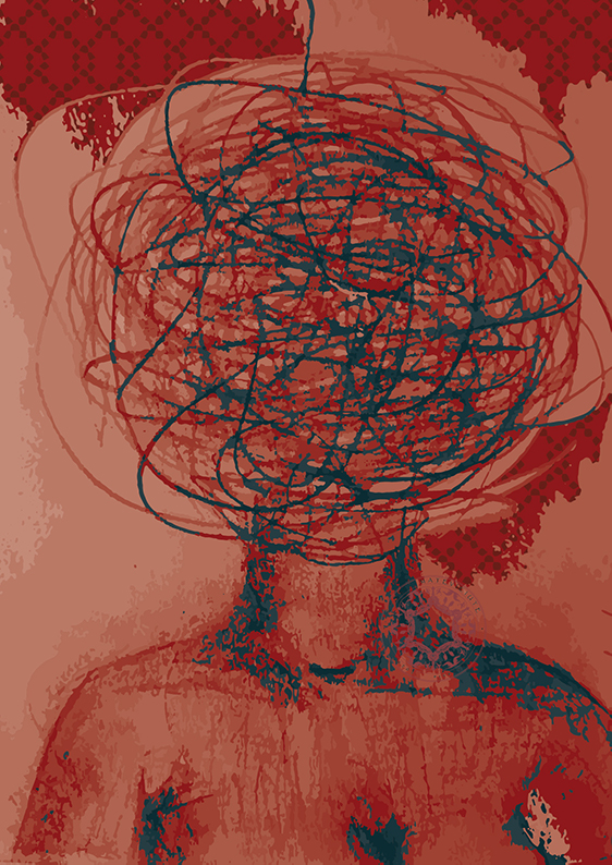 hand-drawn red mind woman illustration print by rasa mateviciute 2023 rasadesign.art