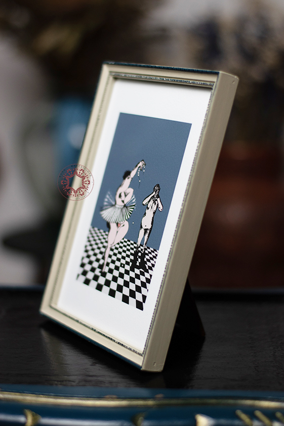 A male dancer poised on a checkered floor, embodying both grace and the weight of shattered dreams, illustrated by a broken pearl necklace. In the background, a maternal figure stands, her hands obscuring her eyes as a symbol of parental disappointment, evoking a deep emotional contrast between the dancer's aspirations and the sorrow of unmet expectations, enriching the narrative of struggle between personal ambition and familial ties.