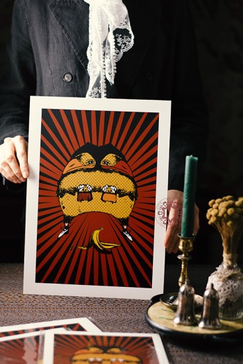 Hand-Drawn Pop Art Banana Twin Crows Illustration Print: ”Left Right”, 2021 by Rasa Mateviciute, rasadesign.art