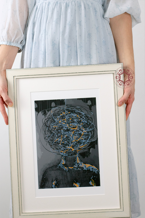 hand-drawn blue mind woman illustration print by rasa mateviciute 2023 rasadesign.art vector art portrait