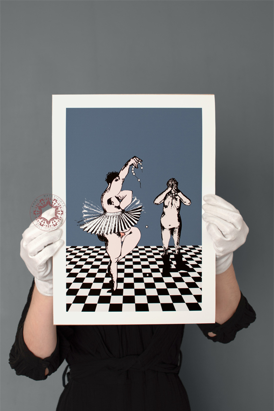 The illustration captures the essence of struggle and aspiration, featuring a male ballerina gracefully poised on a checkered floor, indicating the duality of traditional roles and artistic expression. The broken pearl necklace, serves as a powerful metaphor for shattered dreams and lost hopes, while the mother figure in the background, with her eyes covered with her hands, embodies the silent burden of disappointment and the emotional weight carried by parents. Together, these elements create a resonant narrative about the trials of pursuing one's passion amidst societal expectations and familial aspirations.