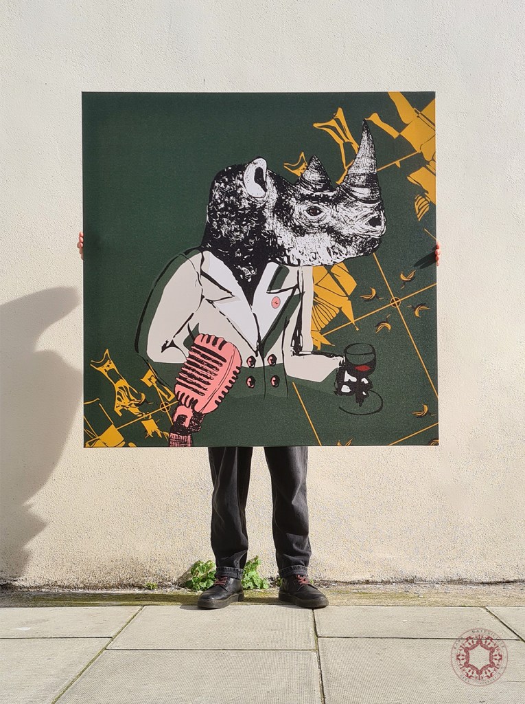 Hand-drawn rhino-man illustration print by Rasa Mateviciute 2021, rasadesign.art