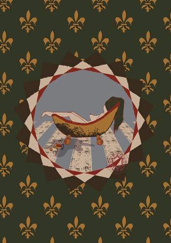 This is an illustration of a woman relaxing in a bathtub, enjoying a peaceful bath time behind a wall. ''The Hole in the Wall'' metaphorically symbolizes a new dimension of meaning as an escape or entry point. It's a reminder that we all have the potential to transcend our boundaries. Print by Rasa Mateviciute 2024, rasadesign.art