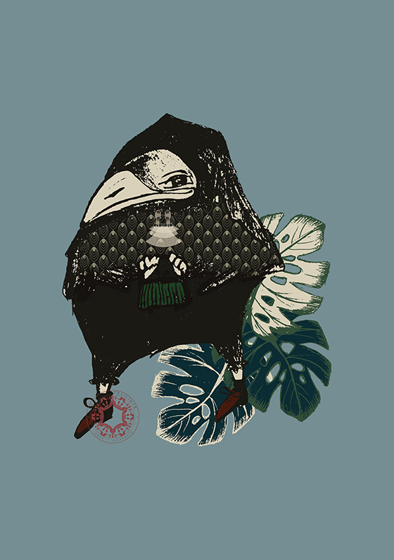 Hand-drawn a hypocrite crow illustration print by Rasa Mateviciute 2023 rasadesign.art