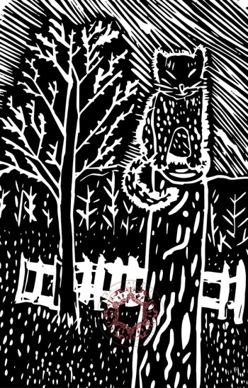 A black and white linocut printmaking a cat perched on a stump was created in 1997, during a time when the artist was still in childhood. Print by Rasa Mateviciute, rasadesign.art 2024.