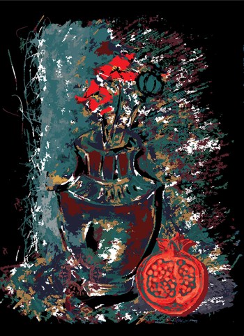 An artistic depiction of a vase adorned with poppy flower and a pomegranate, embodying themes of resurrection, remembrance, and life's fragility. Print by Rasa Mateviciute, rasadesign.art 2024.
