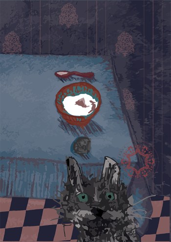 Hand-drawn illustration. A curious cat perches on a chair beside a bowl of food, enjoying its cozy spot. Print by ©Rasa Mateviciute, rasadesign.art 2024.