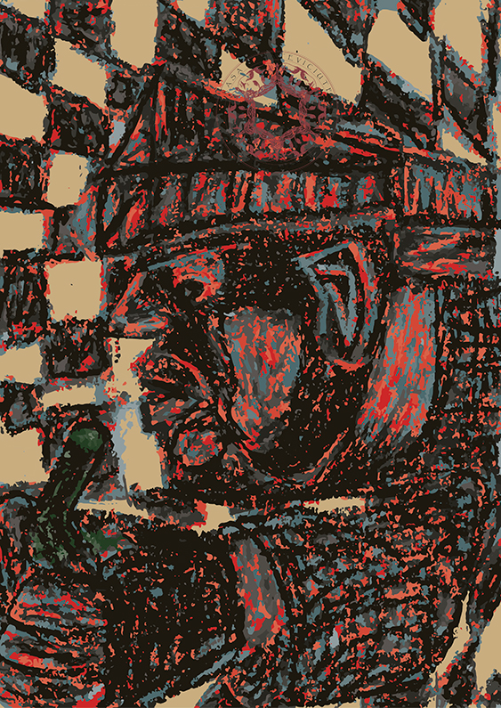Hand-drawn illustration of a red man blowing into the bottle.Sailor's hat and eyes like rubies, leans in a stunning checkered background. He raises an old glass bottle to his lips, his breath creating a soft rustle of air that echoes through the hollow body of the bottle. Print by Rasa Mateviciute rasadesign.art 2025