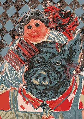 Hand-drawn illustration of breakfast. Women wearing a pearl necklace has storm into the kitchen with curlers on the head in front of her a man who looks like a pig, checkered background stark black and blue. A fish its glassy eyes wide whit existential terror, waits its turn on the cutting board. Print by Rasa Mateviciute rasadesign.art 2025