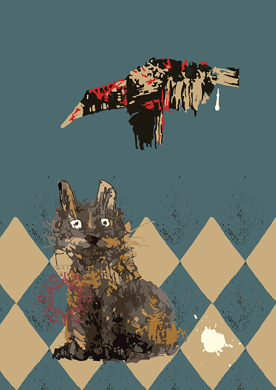 Hand-drawn illustration. The restrained cat, with its eyes wide open, represents the earthly realm and the physical body. On the other hand, the free-spirited bird, soaring above, symbolizes the heavenly realm and the spirit. These two creatures, often seen as symbols of contrasting elements, freedom and restraint, heaven and earth. The playful checkered background adds a touch of whimsy to this piece. Print by ©Rasa Mateviciute rasadesign.art (2024).