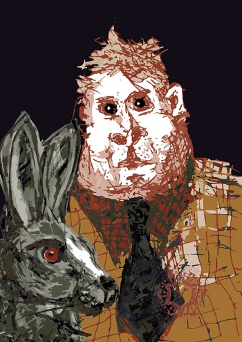 Hand-drawn illustration. The artwork features a man in plaid shirt next to a hare which symbolizes good luck and hope. However, the atmosphere in this piece is tense, with dark tones that create a sense of unease. This unique illustration showcases a scene that balances the positive and negative aspects of life.. Surreal art. Print by Rasa Mateviciute rasadesign.art 2024